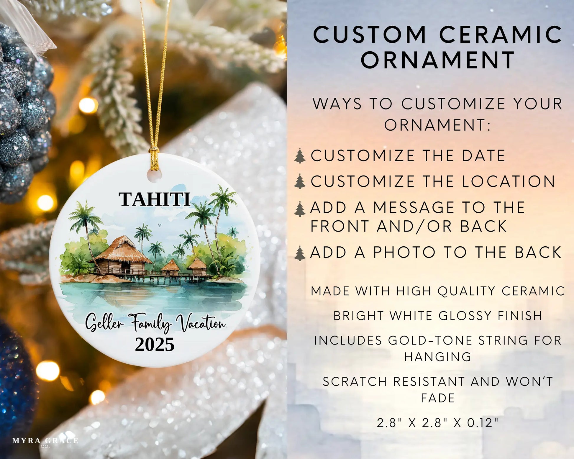 Custom vacation Tahiti ceramic photo ornament with personalized message – handmade Christmas bauble, gift souvenir, or vacation keepsake. Infographic