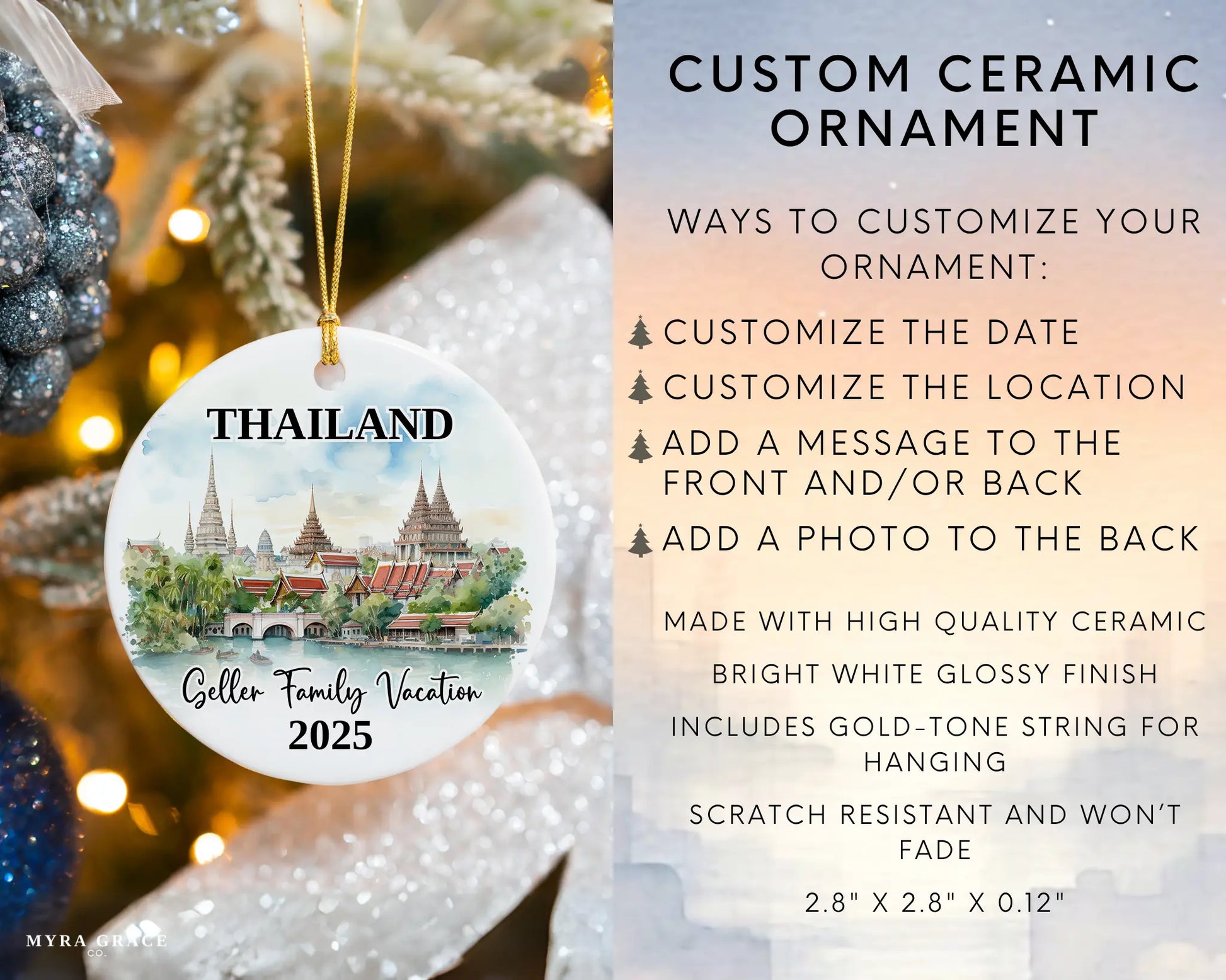 Custom vacation Thailand ceramic photo ornament with personalized message – handmade Christmas bauble, gift souvenir, or vacation keepsake. Infographic