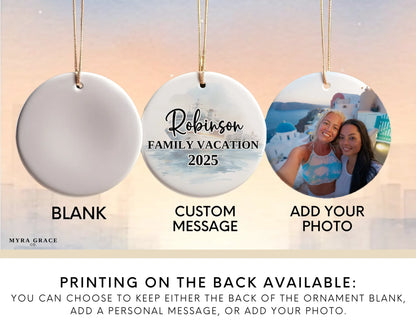 Handmade ceramic Mediterranean cruise ornament with personalized location and photo – custom Christmas bauble or cruise vacation souvenir. Add your photo