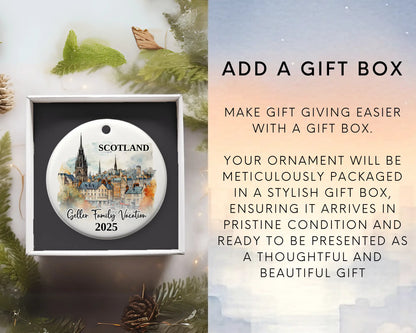 Custom vacation Scotland Edinburgh ceramic photo ornament with personalized message – handmade Christmas bauble, gift souvenir, or vacation keepsake. Add gift box