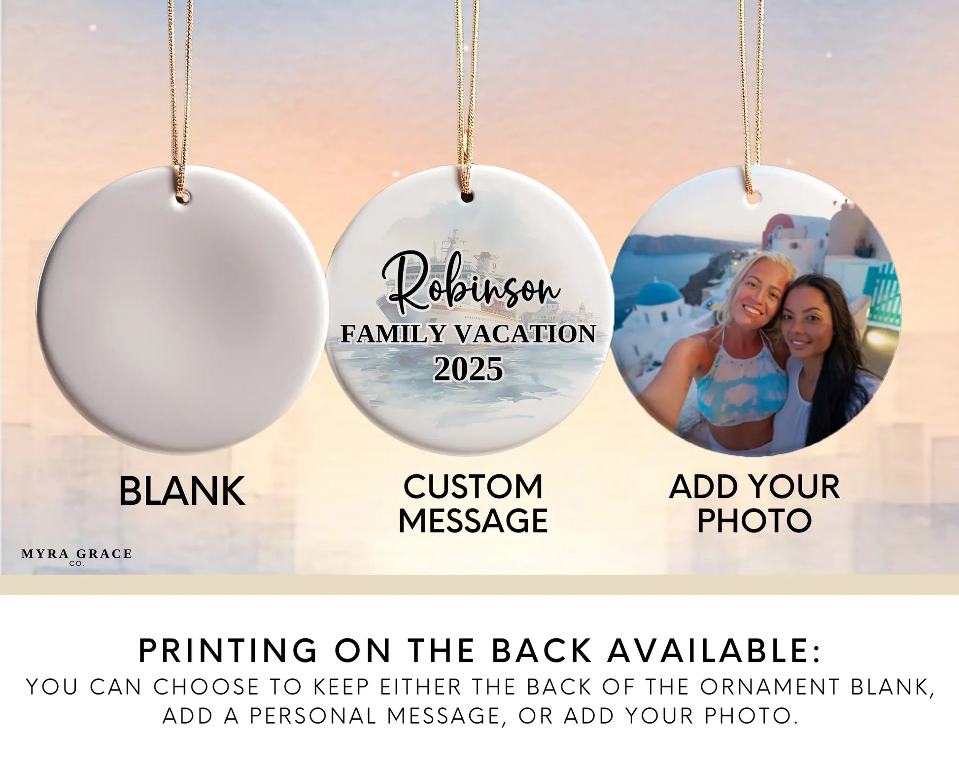 Handmade ceramic Mediterranean cruise ornament with personalized location and photo – custom Christmas bauble or cruise vacation souvenir. Add your photo