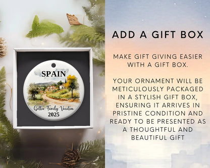 Custom vacation Spain ceramic photo ornament with personalized message – handmade Christmas bauble, gift souvenir, or vacation keepsake. Add gift box