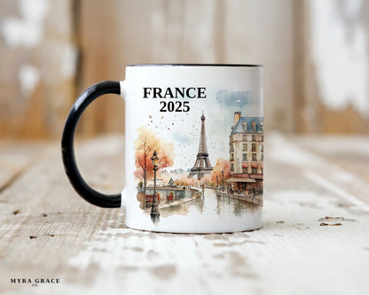 Custom ceramic France vacation mug with watercolor location design, date, and personal photo – personalized travel gift or photo mug. 