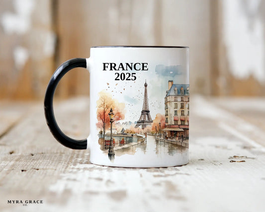 Custom ceramic France vacation mug with watercolor location design, date, and personal photo – personalized travel gift or photo mug. 