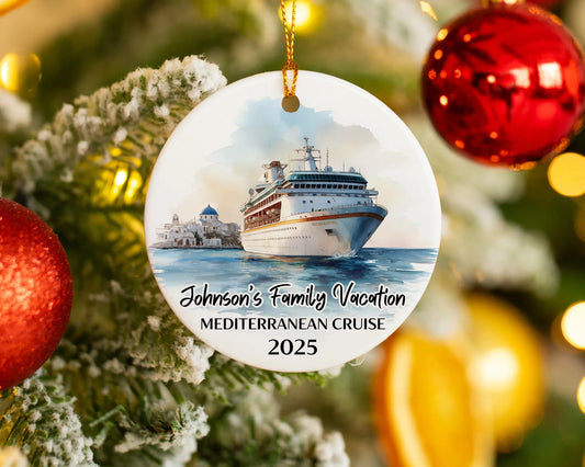 Handmade ceramic Mediterranean cruise ornament with personalized location and photo – custom Christmas bauble or cruise vacation souvenir.