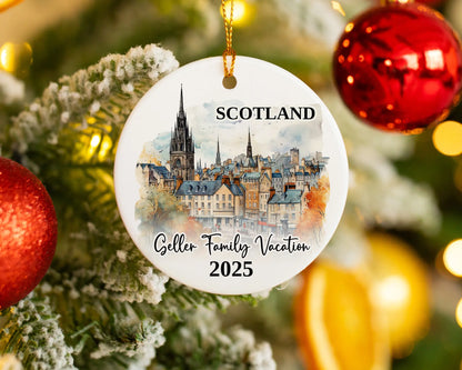 Custom vacation Scotland Edinburgh ceramic photo ornament with personalized message – handmade Christmas bauble, gift souvenir, or vacation keepsake. 