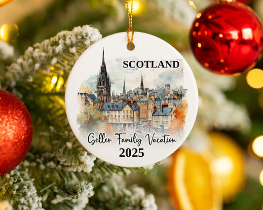 Custom vacation Scotland Edinburgh ceramic photo ornament with personalized message – handmade Christmas bauble, gift souvenir, or vacation keepsake. 