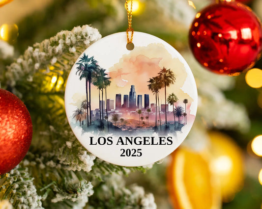 Custom Los Angeles California ceramic photo ornament with personalized message – handmade Christmas bauble, gift souvenir, or vacation keepsake.  