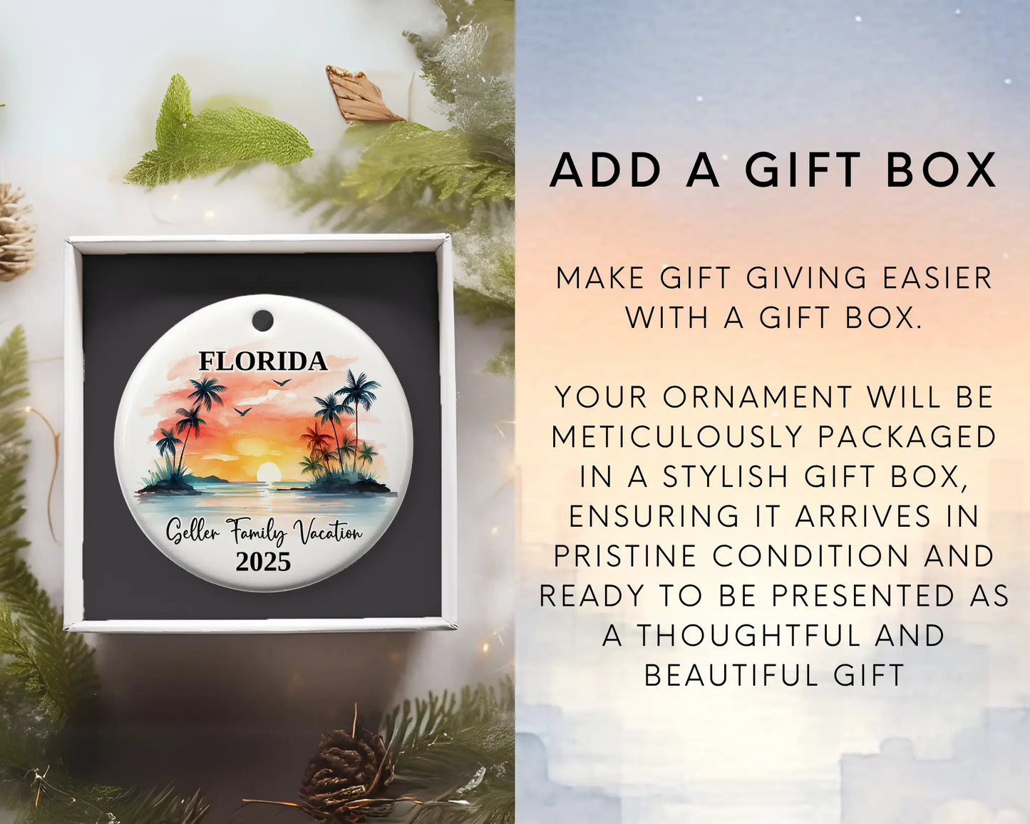 Custom vacation Florida ceramic photo ornament with personalized message – handmade Christmas bauble, gift souvenir, or vacation keepsake. Add gift box