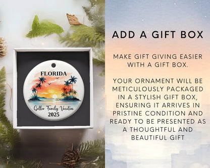 Custom vacation Florida ceramic photo ornament with personalized message – handmade Christmas bauble, gift souvenir, or vacation keepsake. Add gift box