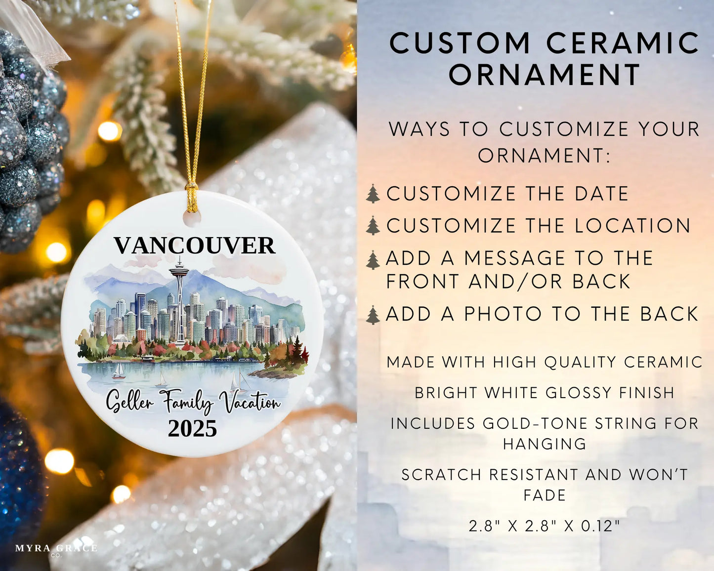 Custom vacation Vancouver Canada ceramic photo ornament with personalized message – handmade Christmas bauble, gift souvenir, or vacation keepsake. Infographic