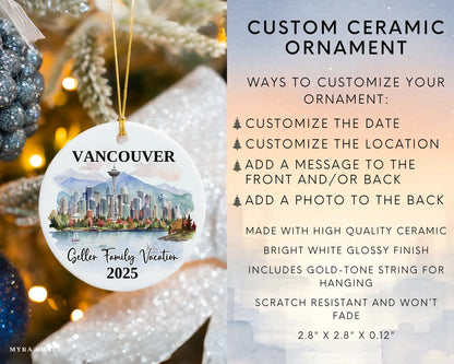 Custom vacation Vancouver Canada ceramic photo ornament with personalized message – handmade Christmas bauble, gift souvenir, or vacation keepsake. Infographic