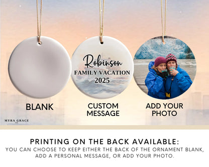 Handmade ceramic Alaska cruise ornament with personalized location and photo – custom Christmas bauble or cruise vacation souvenir. Add your photo