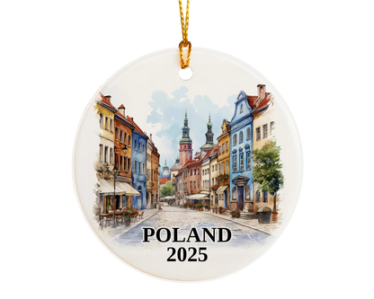 Custom Poland ceramic photo ornament with personalized message – handmade Christmas bauble, gift souvenir, or vacation keepsake. 