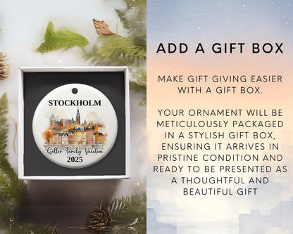 Custom vacation Stockholm ceramic photo ornament with personalized message – handmade Christmas bauble, gift souvenir, or vacation keepsake. Add gift box