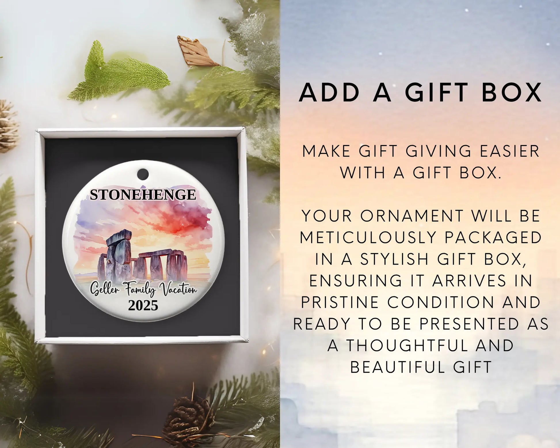 Custom vacation Stonehenge ceramic photo ornament with personalized message – handmade Christmas bauble, gift souvenir, or vacation keepsake. Add gift box