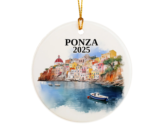 Custom Ponza Italy ceramic photo ornament with personalized message – handmade Christmas bauble, gift souvenir, or vacation keepsake. 