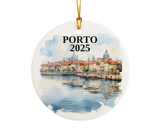 Custom Porto Portugal ceramic photo ornament with personalized message – handmade Christmas bauble, gift souvenir, or vacation keepsake. 