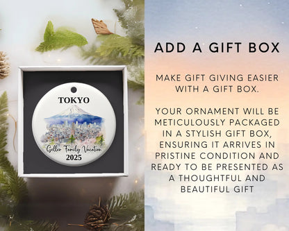 Custom vacation Tokyo Japan ceramic photo ornament with personalized message – handmade Christmas bauble, gift souvenir, or vacation keepsake. Add gift box