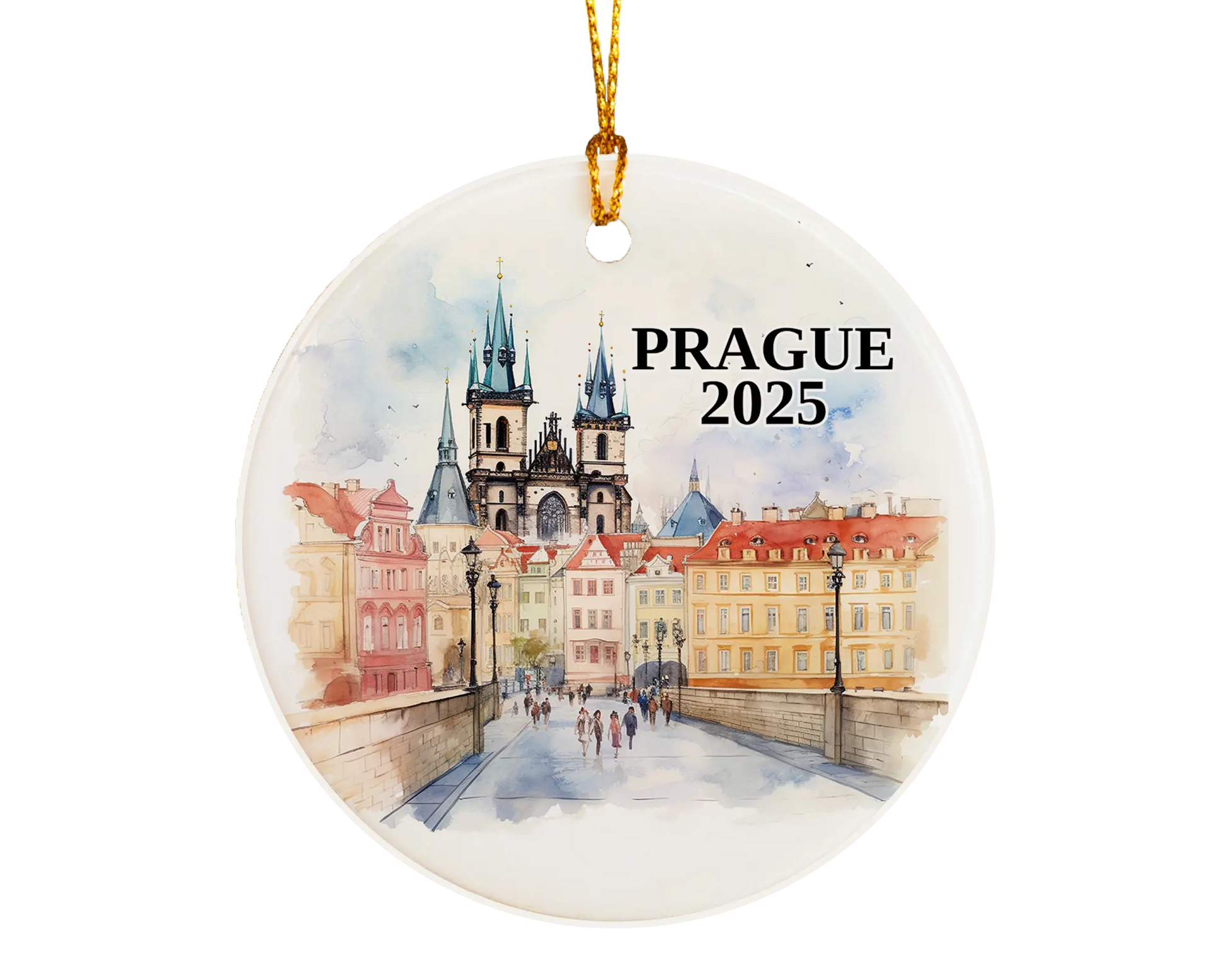 Custom Prague ceramic photo ornament with personalized message – handmade Christmas bauble, gift souvenir, or vacation keepsake. 