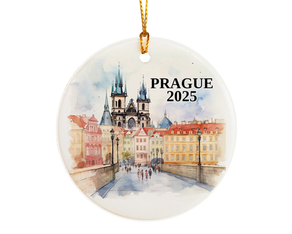 Custom Prague ceramic photo ornament with personalized message – handmade Christmas bauble, gift souvenir, or vacation keepsake. 