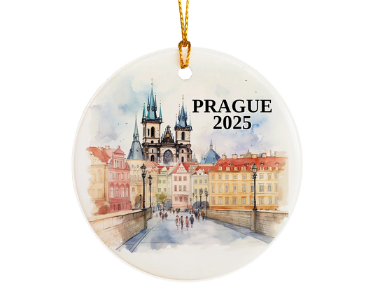 Custom Prague ceramic photo ornament with personalized message – handmade Christmas bauble, gift souvenir, or vacation keepsake. 