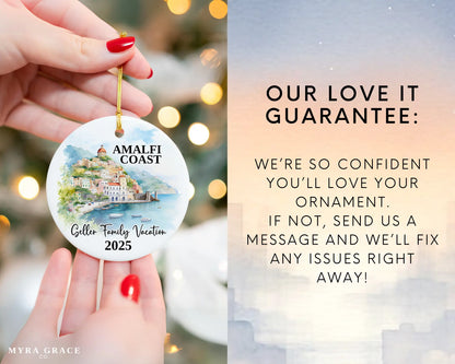 Custom vacation Amalfi Coast Italy ceramic photo ornament with personalized message – handmade Christmas bauble, gift souvenir, or vacation keepsake. Love it guarantee