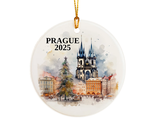 Custom Prague Christmas Market ceramic photo ornament with personalized message – handmade Christmas bauble, gift souvenir, or vacation keepsake. 