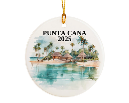 Custom Punta Cana ceramic photo ornament with personalized message – handmade Christmas bauble, gift souvenir, or vacation keepsake. 