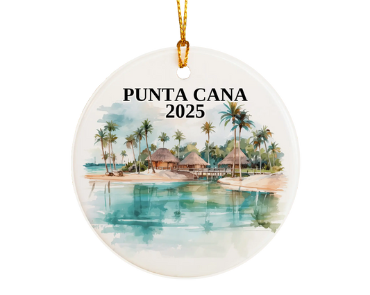 Custom Punta Cana ceramic photo ornament with personalized message – handmade Christmas bauble, gift souvenir, or vacation keepsake. 