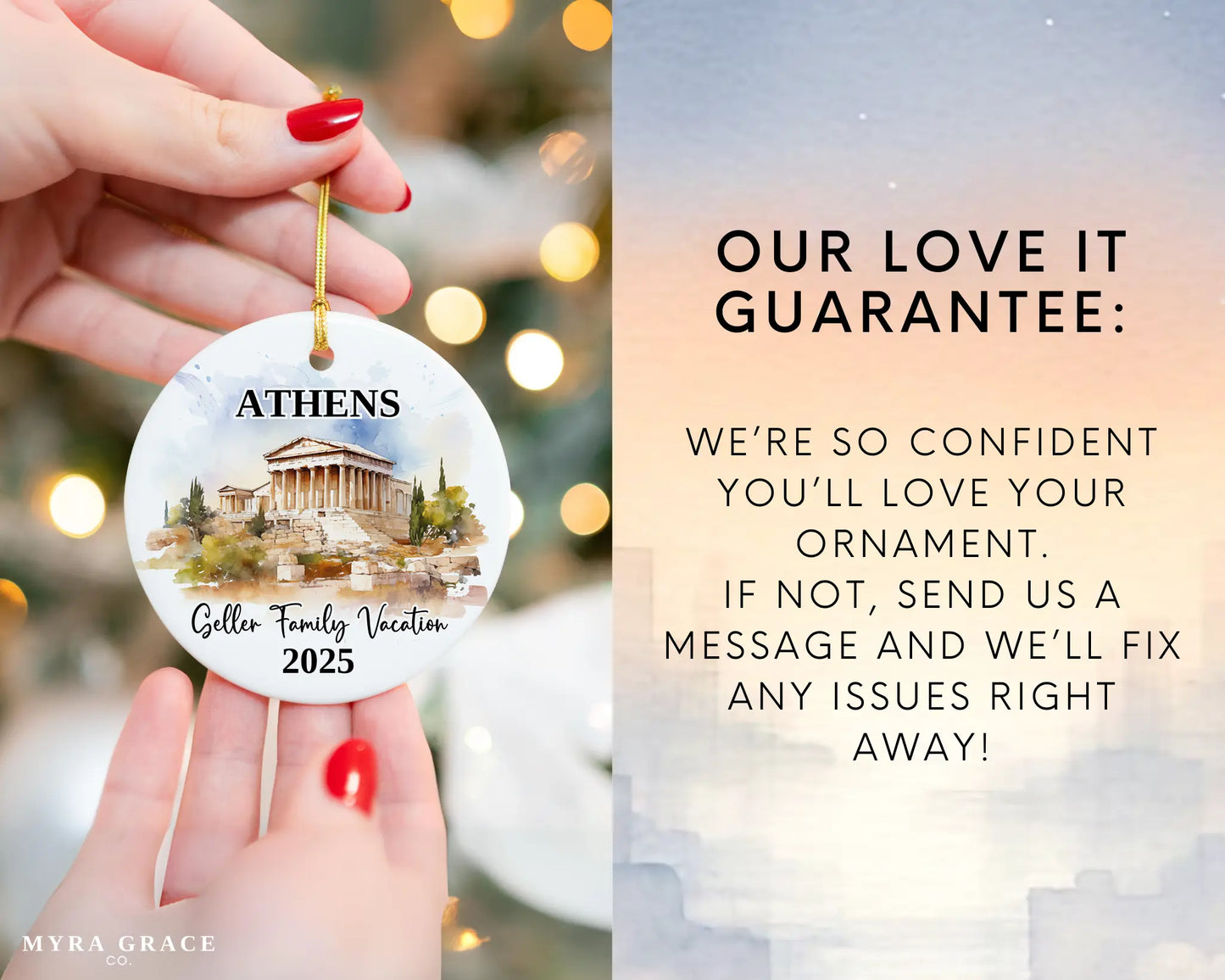 Custom vacation Athens Greece ceramic photo ornament with personalized message – handmade Christmas bauble, gift souvenir, or vacation keepsake. Love it guarantee