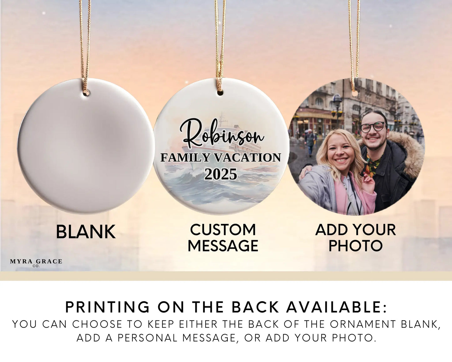 Handmade ceramic Europe cruise ornament with personalized location and photo – custom Christmas bauble or cruise vacation souvenir. Add your photo