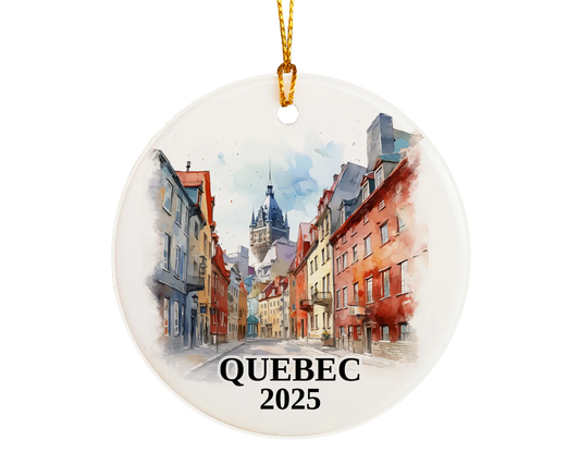 Custom Quebec ceramic photo ornament with personalized message – handmade Christmas bauble, gift souvenir, or vacation keepsake. 