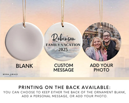 Handmade ceramic Europe cruise ornament with personalized location and photo – custom Christmas bauble or cruise vacation souvenir. Add your photo