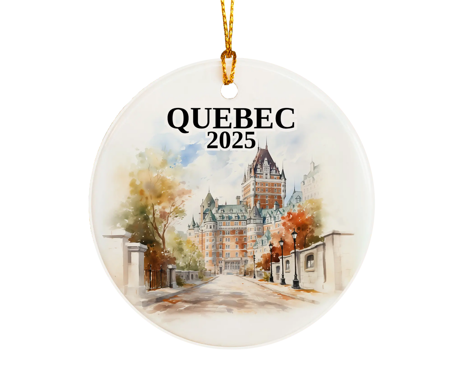 Custom Quebec ceramic photo ornament with personalized message – handmade Christmas bauble, gift souvenir, or vacation keepsake. 
