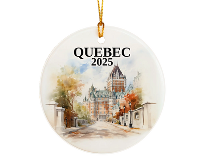 Custom Quebec ceramic photo ornament with personalized message – handmade Christmas bauble, gift souvenir, or vacation keepsake. 