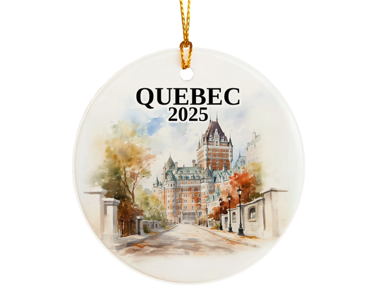 Custom Quebec ceramic photo ornament with personalized message – handmade Christmas bauble, gift souvenir, or vacation keepsake. 