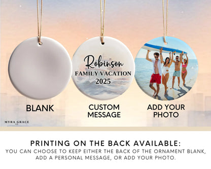 Handmade ceramic Hawaii cruise ornament with personalized location and photo – custom Christmas bauble or cruise vacation souvenir. Add your photo