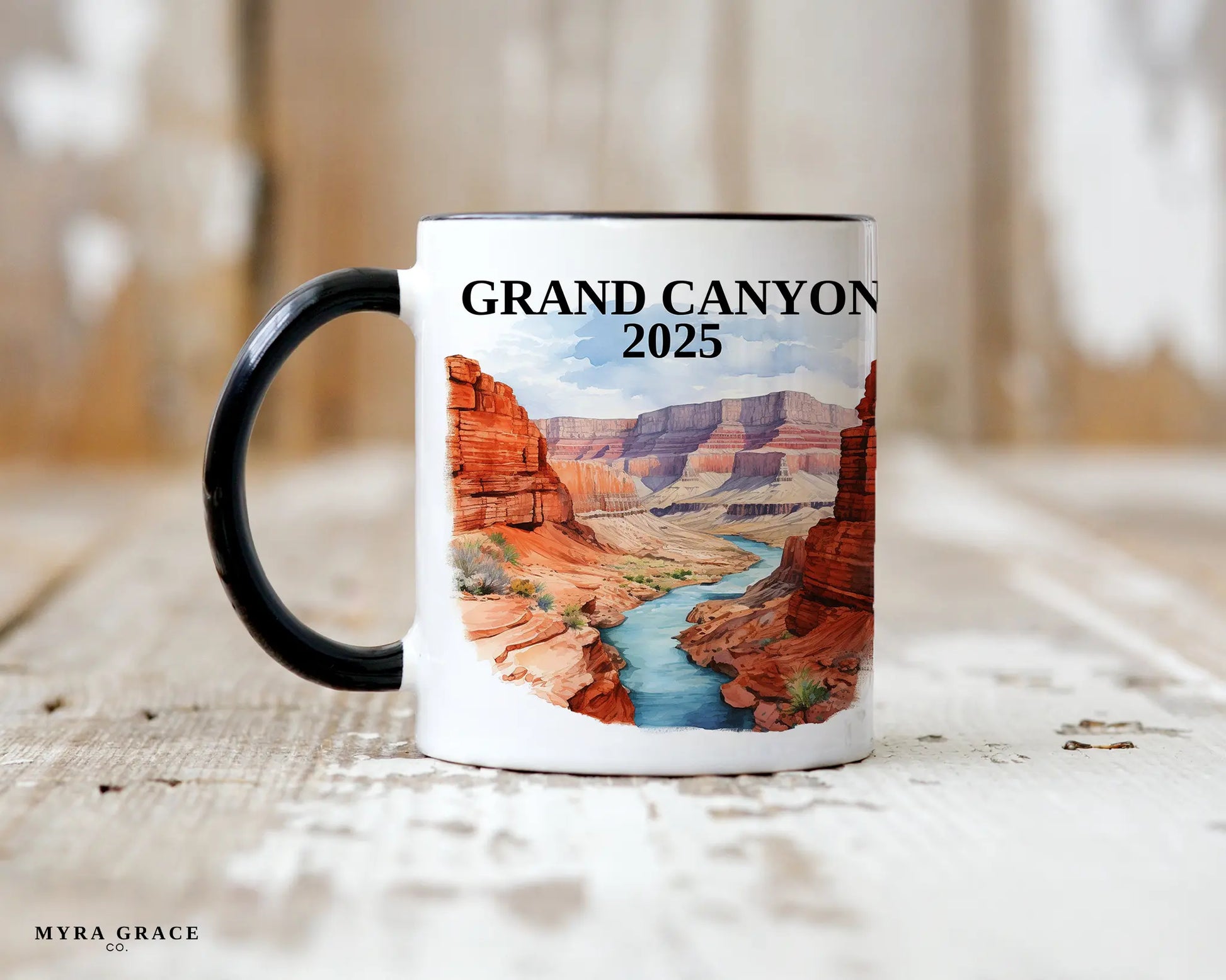 Custom ceramic Grand Canyon vacation mug with watercolor location design, date, and personal photo – personalized travel gift or photo mug. 
