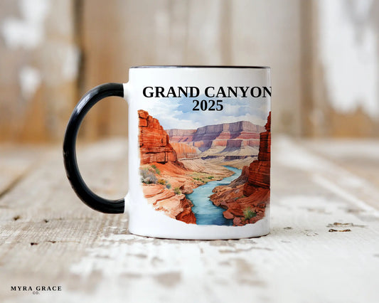 Custom ceramic Grand Canyon vacation mug with watercolor location design, date, and personal photo – personalized travel gift or photo mug. 