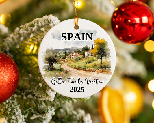 Custom vacation Spain ceramic photo ornament with personalized message – handmade Christmas bauble, gift souvenir, or vacation keepsake. 