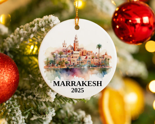 Custom Marrakesh Morocco ceramic photo ornament with personalized message – handmade Christmas bauble, gift souvenir, or vacation keepsake.  