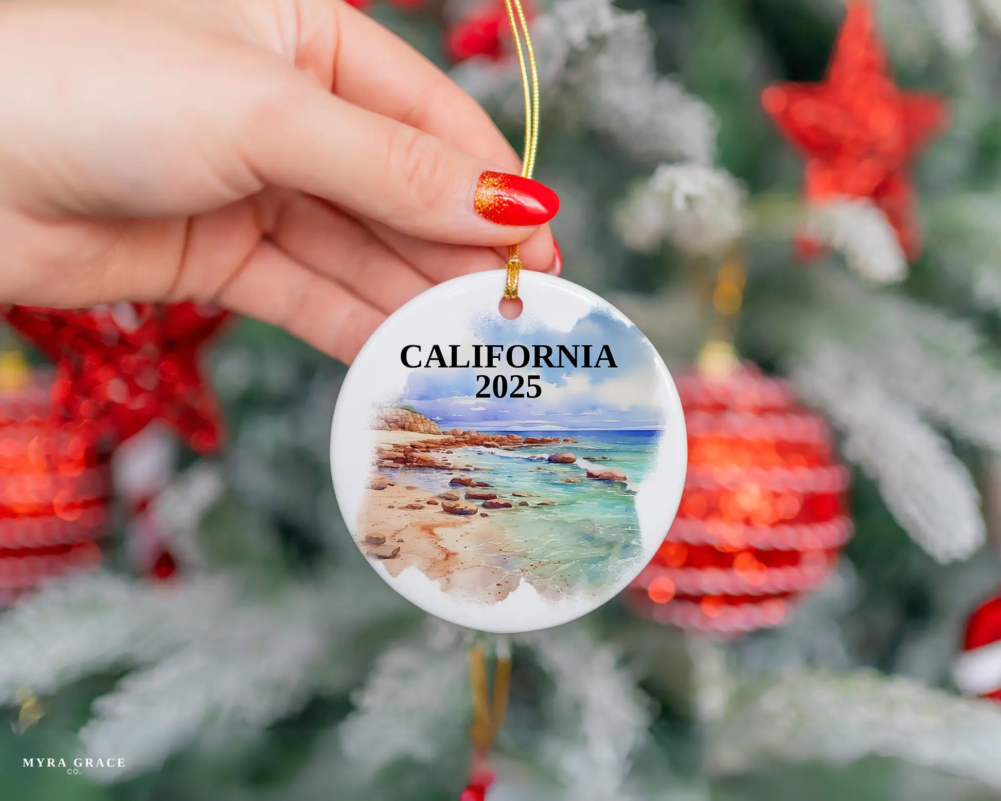 Custom California ceramic photo ornament with personalized message – handmade Christmas bauble, gift souvenir, or vacation keepsake.  