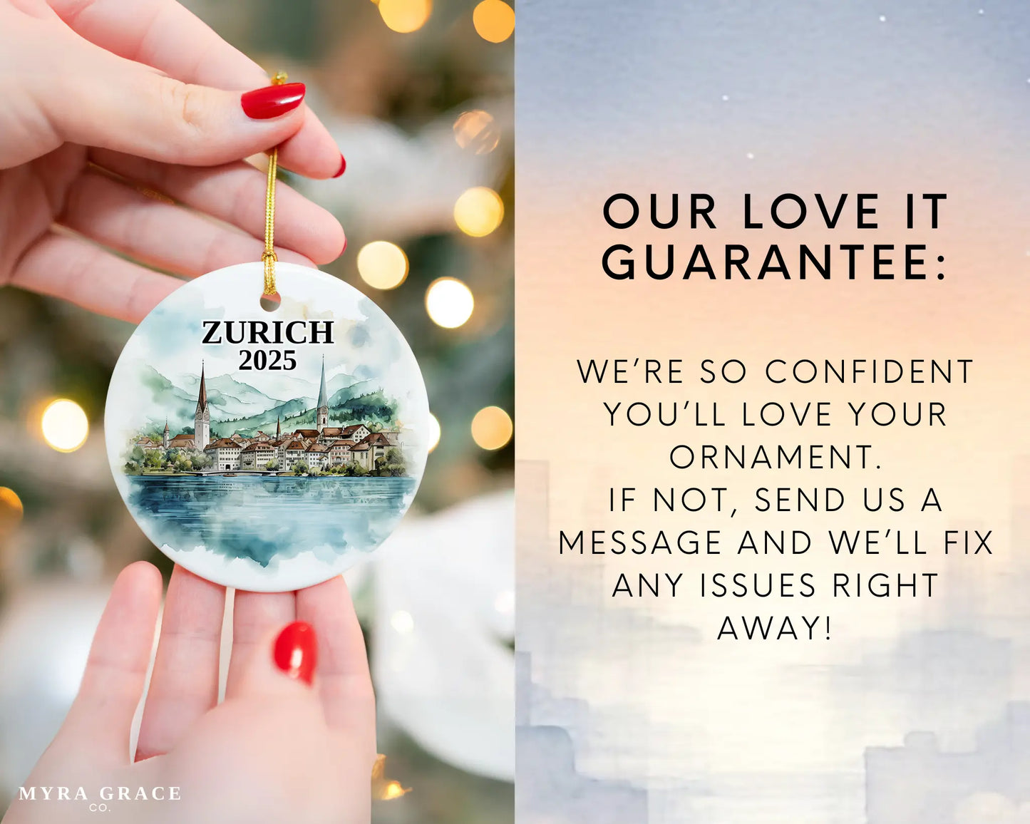 Zurich Switzerland Ornament Custom Gift Souvenir Bauble. Custom Zurich Switzerland ceramic photo ornament with personalized message – handmade Christmas bauble, gift souvenir, or vacation keepsake. Love it guarantee