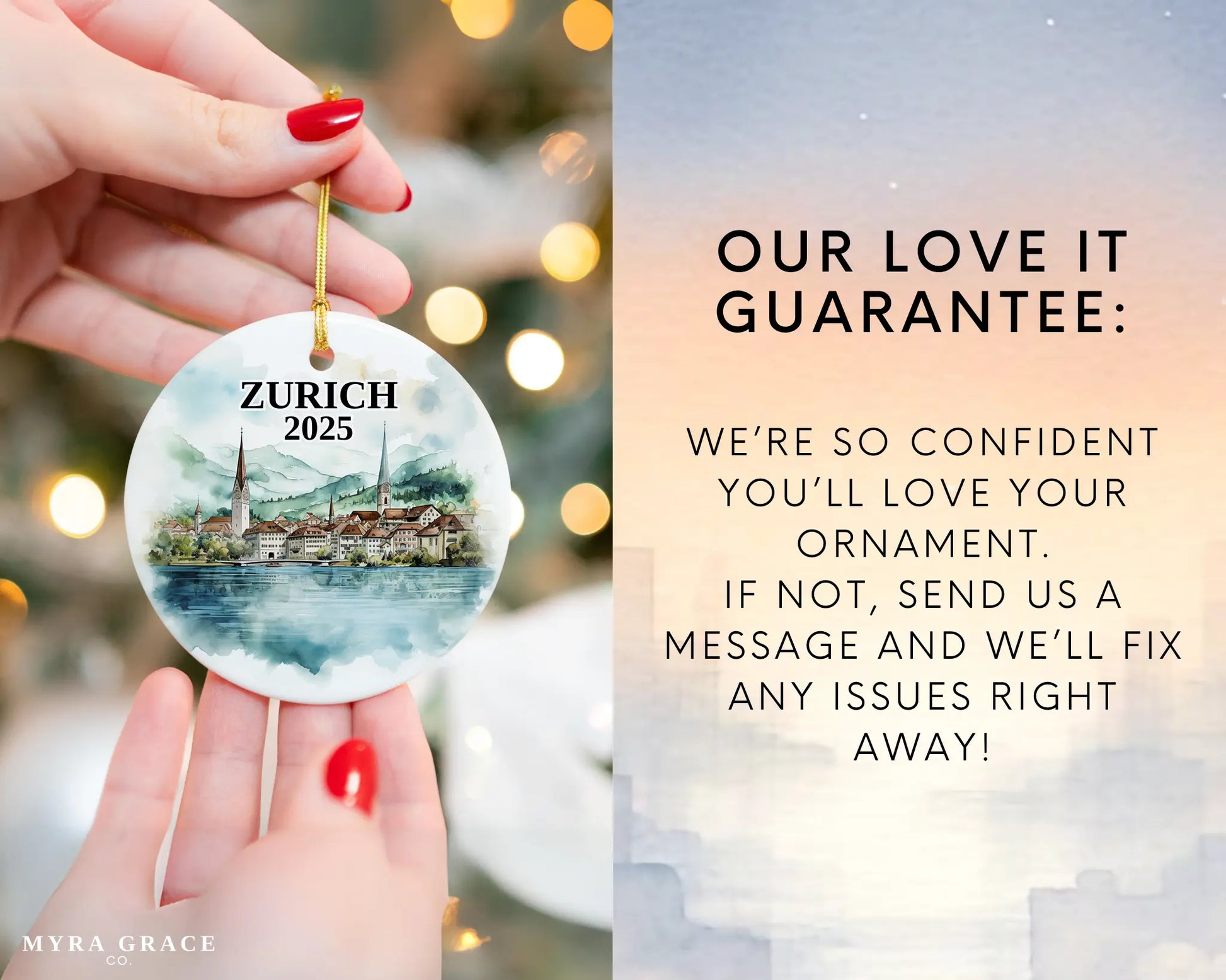 Zurich Switzerland Ornament Custom Gift Souvenir Bauble. Custom Zurich Switzerland ceramic photo ornament with personalized message – handmade Christmas bauble, gift souvenir, or vacation keepsake. Love it guarantee