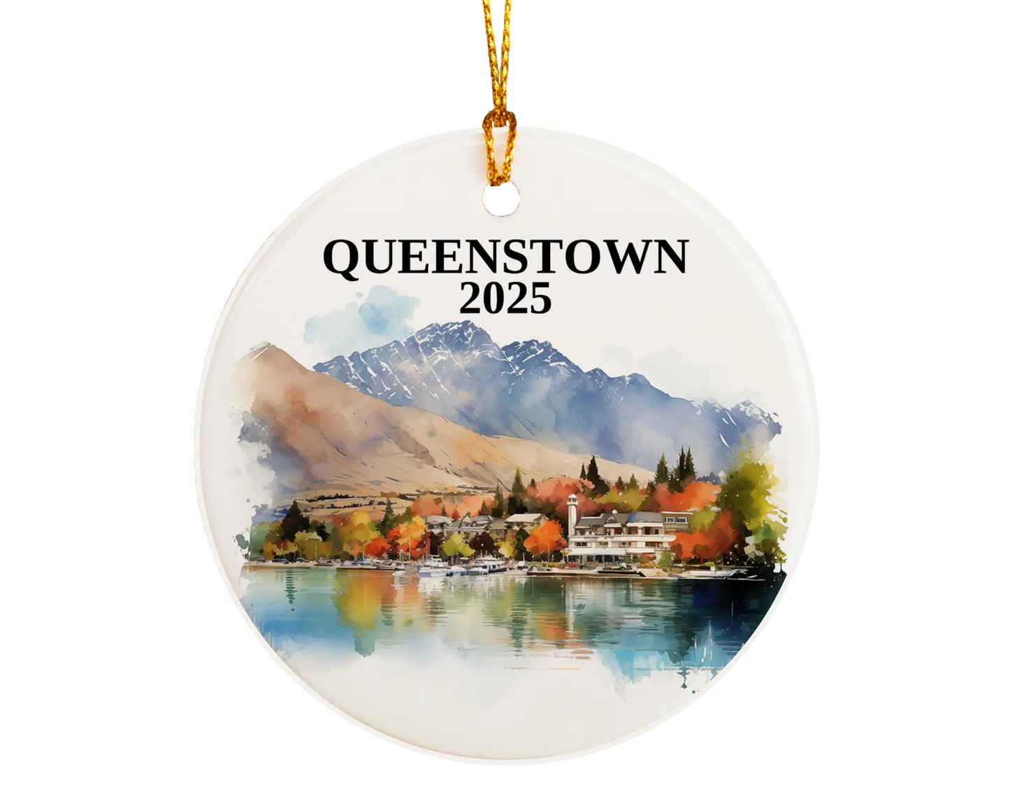 Custom Queenstown New Zealand ceramic photo ornament with personalized message – handmade Christmas bauble, gift souvenir, or vacation keepsake. 