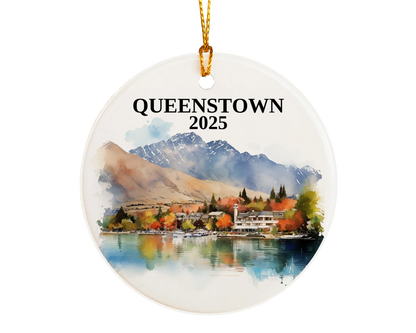 Custom Queenstown New Zealand ceramic photo ornament with personalized message – handmade Christmas bauble, gift souvenir, or vacation keepsake. 