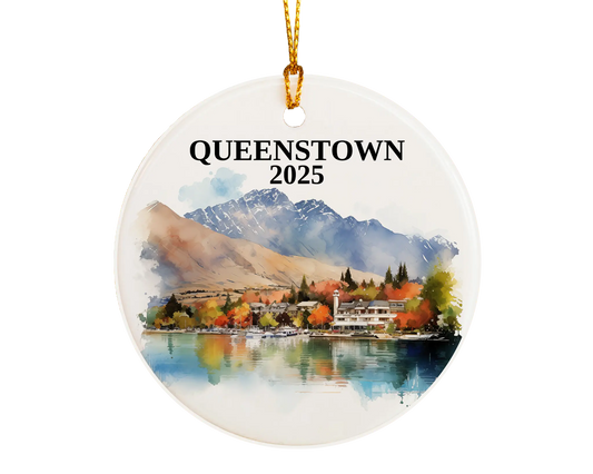 Custom Queenstown New Zealand ceramic photo ornament with personalized message – handmade Christmas bauble, gift souvenir, or vacation keepsake. 