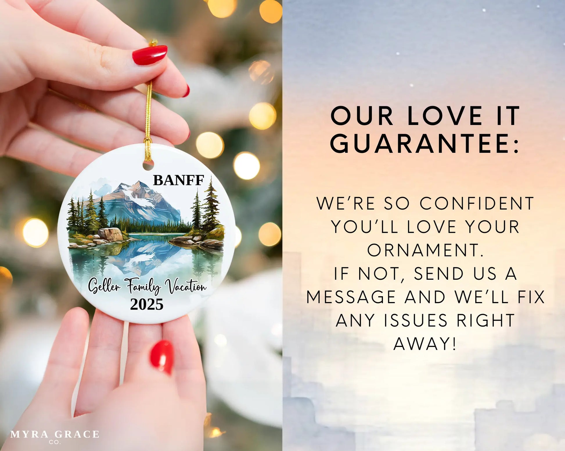 Custom vacation Banff Canada ceramic photo ornament with personalized message – handmade Christmas bauble, gift souvenir, or vacation keepsake. Love it guarantee