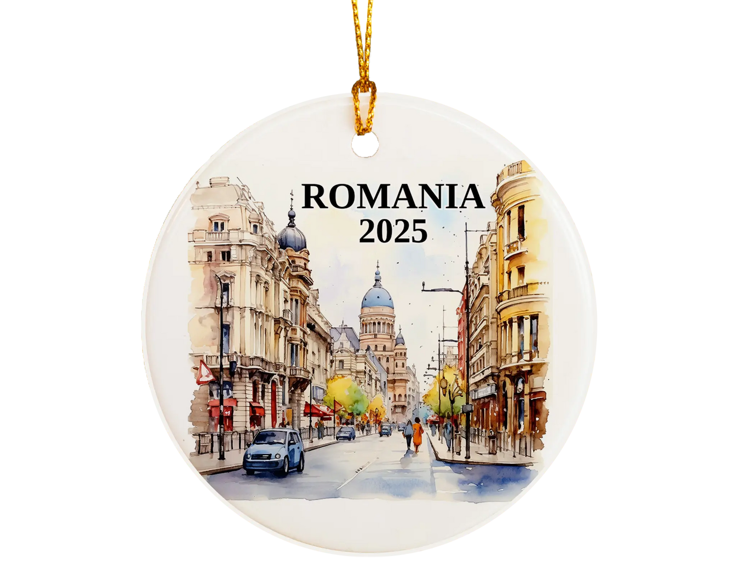 Custom Romania ceramic photo ornament with personalized message – handmade Christmas bauble, gift souvenir, or vacation keepsake. 